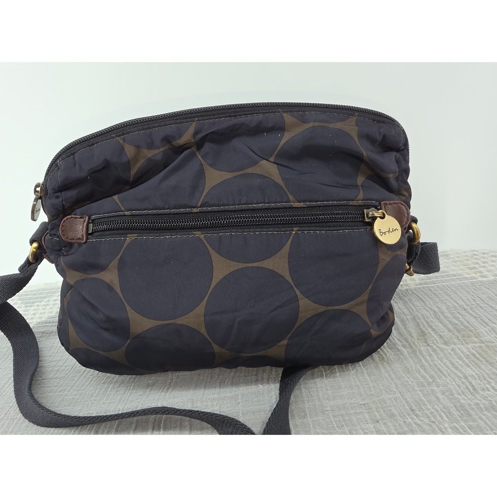 Boden Navy Blue Brown Polka Dot Nylon Crossbody Bag Red Lining Brass Hardware